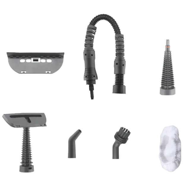 Qinux Vapoxis attachments: window squeegee, extension hose, jet nozzles, scraper, round brush and microfiber cover