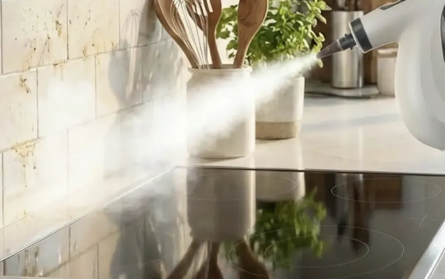 Steam jet from the Qinux Vapoxis cleaning a kitchen backsplash and countertop