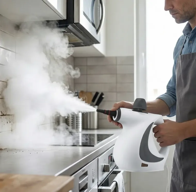 Man using the Qinux Vapoxis steam cleaner to remove grease from a kitchen range hood