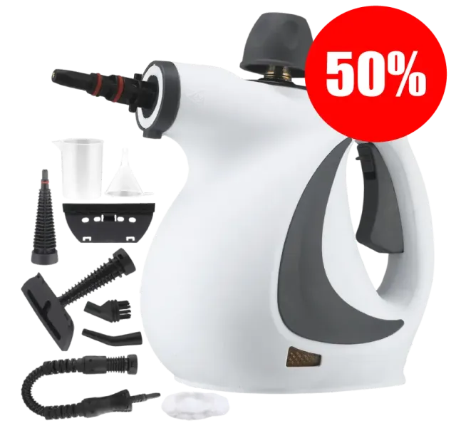 Qinux Vapoxis steam cleaner with attachments and a 50% off launch badge