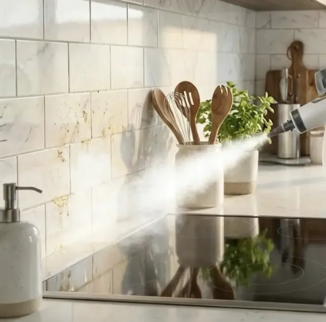 Steam from the Qinux Vapoxis cleaning a stovetop and tiled backsplash