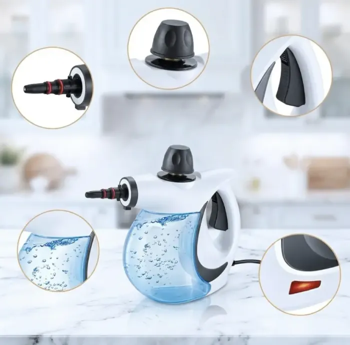 Qinux Vapoxis water tank, safety cap and interchangeable steam attachments in detail