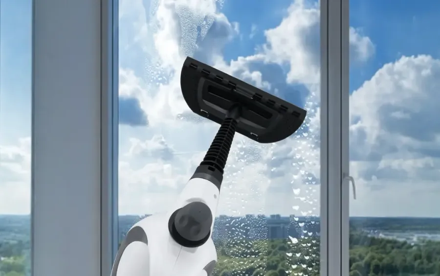Qinux Vapoxis window squeegee attachment cleaning a glass window